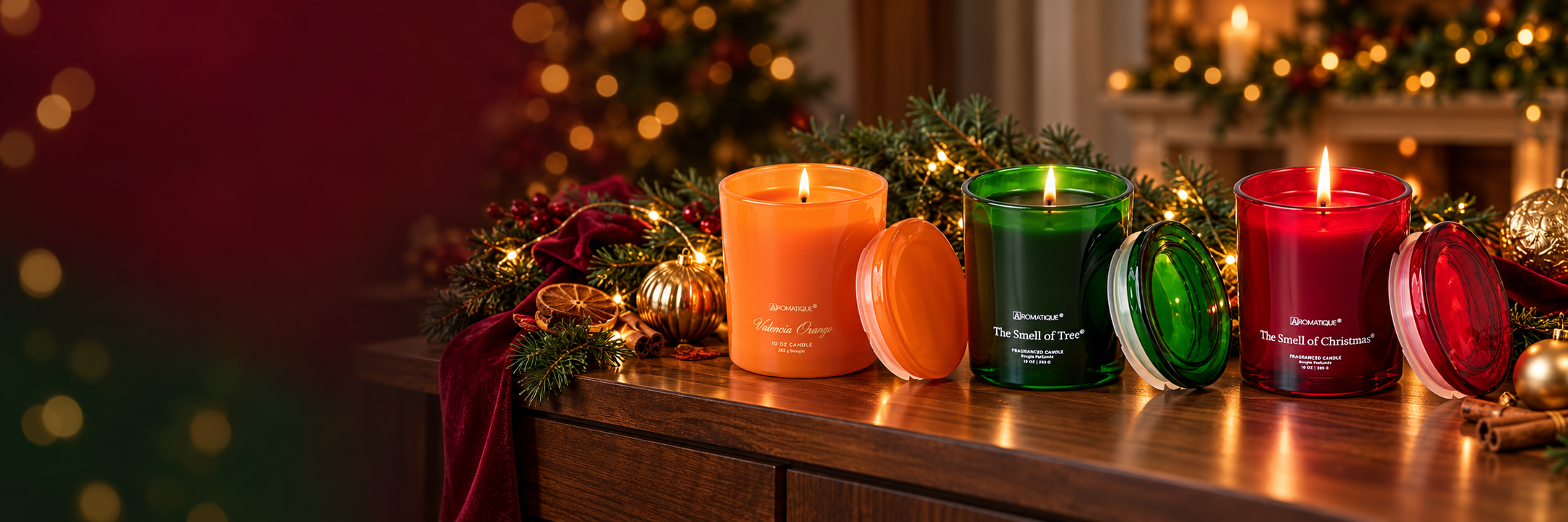 Orange, evergreen and red Aromatique candles with their lids, Christmas lights and festive greenery